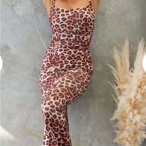 Sleeveless Leopard-Print Maxi Dress in Brown/Beige